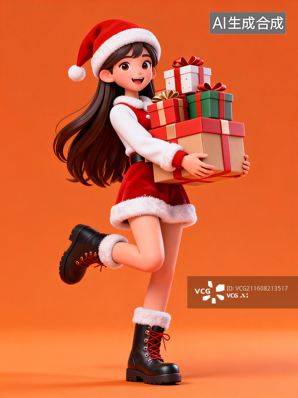 【AI数字艺术】3D女孩庆祝圣诞节插画海报图片素材