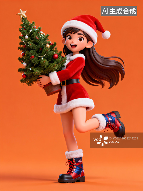 【AI数字艺术】3D女孩庆祝圣诞节插画海报图片素材