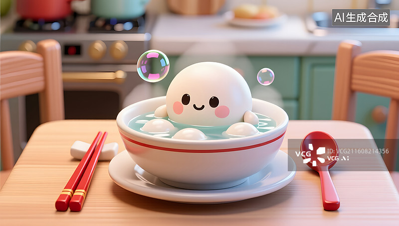 【AI数字艺术】可爱汤圆角色在温暖碗中放松休憩图片素材