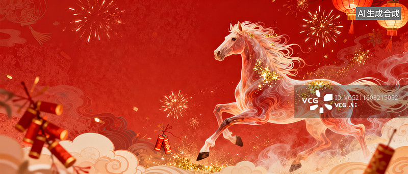 【AI数字艺术】喜庆春节奔跑骏马与烟花图片素材
