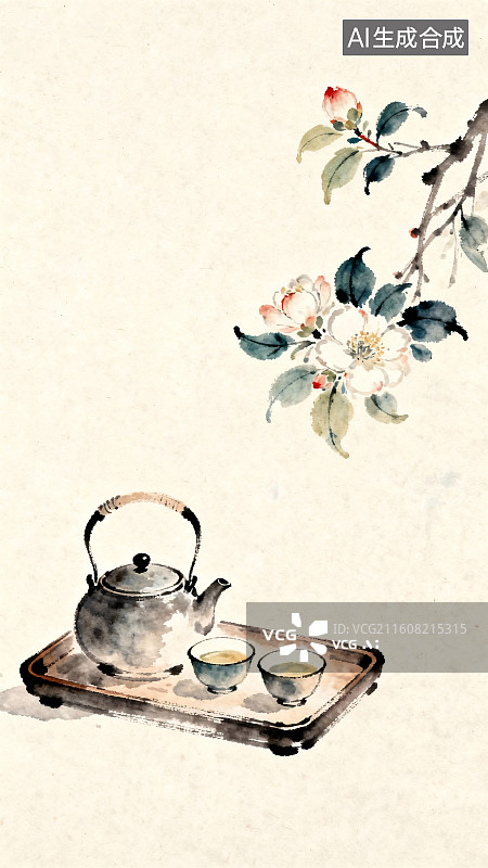 【AI数字艺术】水墨画围炉煮茶插画图片素材