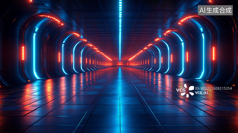 【AI数字艺术】科幻通道蓝橙感未来空间场景图片素材
