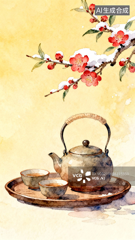 【AI数字艺术】水墨画围炉煮茶插画图片素材