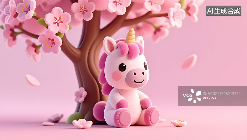【AI数字艺术】春日桃花树下小马公仔静享浪漫时光图片素材