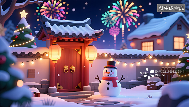 【AI数字艺术】节日庭院小门在雪夜烟花中显得温暖动人图片素材
