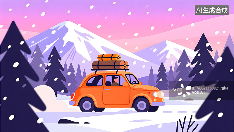 【AI数字艺术】橙色汽车载行李穿越雪林开启冬日探险图片素材