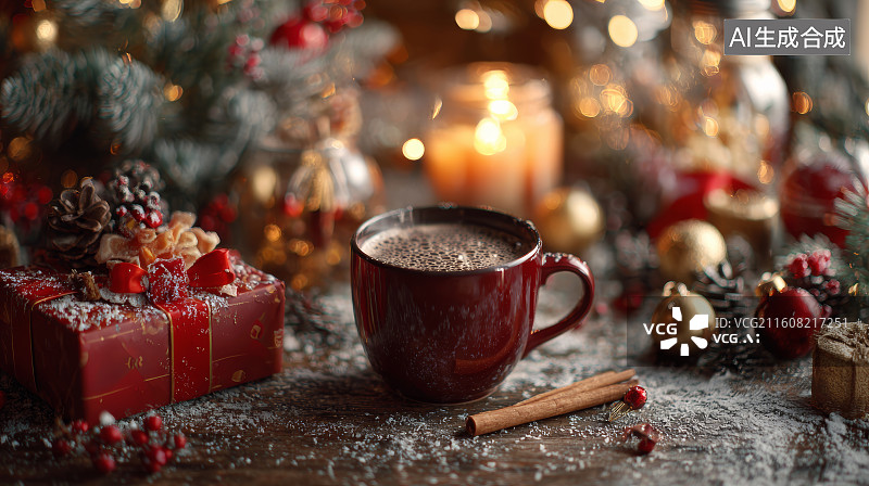 【AI数字艺术】圣诞热饮与节日礼物装饰的暖色静物场景图片素材