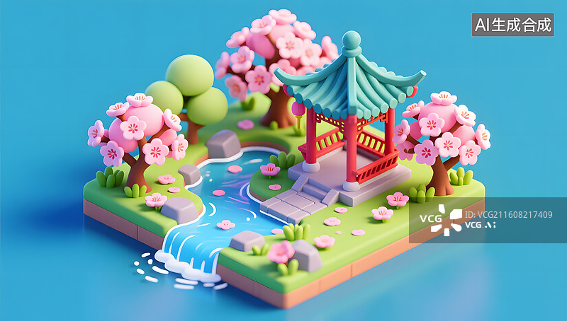 【AI数字艺术】中式园林春意盎然微缩景观插画图片素材