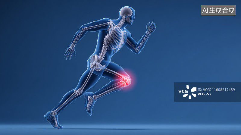 【AI数字艺术】透明人体骨骼奔跑姿态中膝部疼痛高亮示意图图片素材