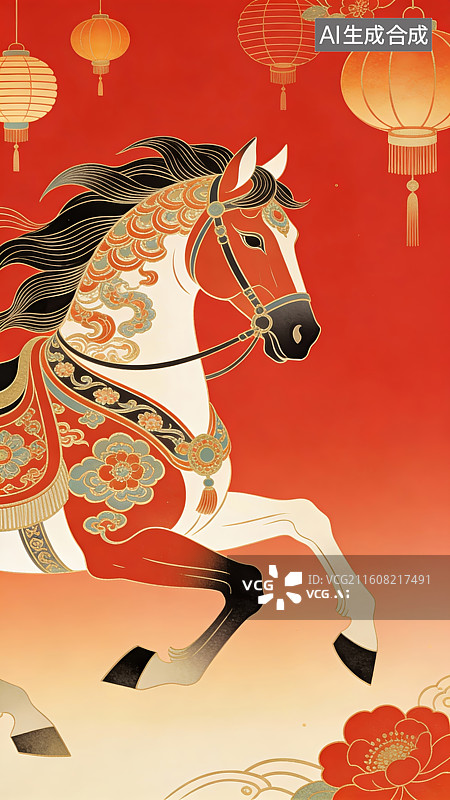 【AI数字艺术】春节骏马灯笼插画图片素材