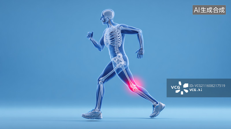 【AI数字艺术】透明人体骨骼奔跑姿态中膝部疼痛高亮示意图图片素材