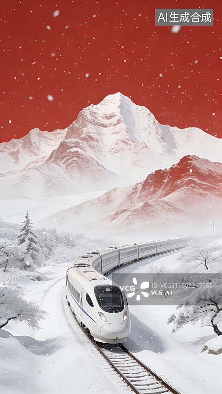 【AI数字艺术】雪山中行驶的高速列车图片素材