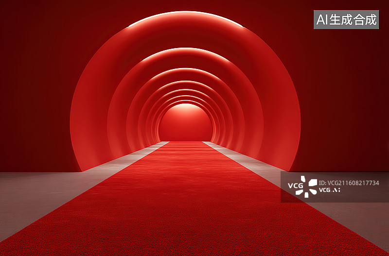 【AI数字艺术】红色隧道中的红毯通道图片素材