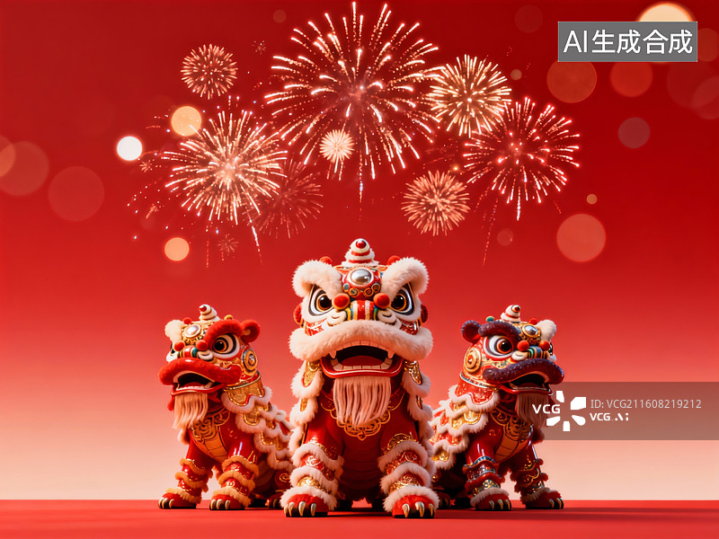 【AI数字艺术】节日中舞狮与烟花的喜庆景象图片素材