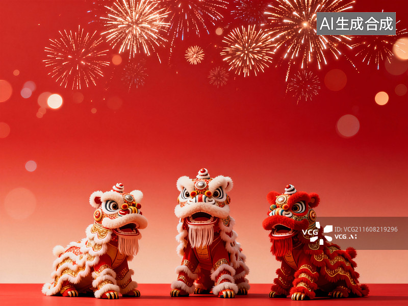 【AI数字艺术】节日中舞狮与烟花的喜庆景象图片素材