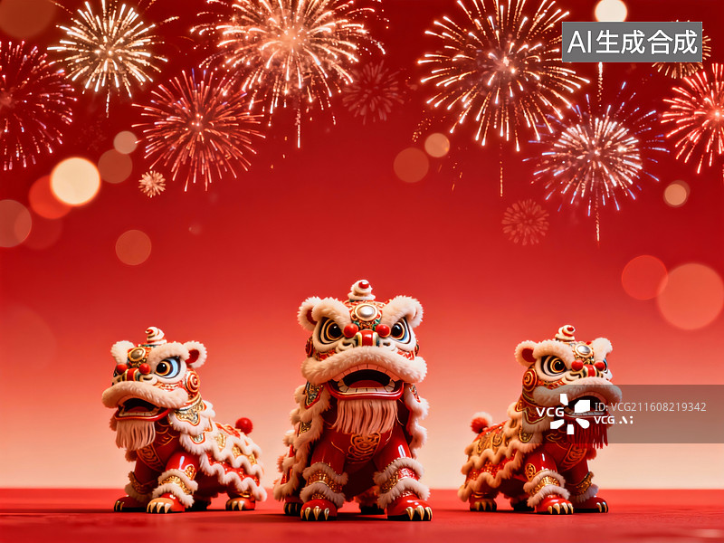 【AI数字艺术】节日中舞狮与烟花的喜庆景象图片素材