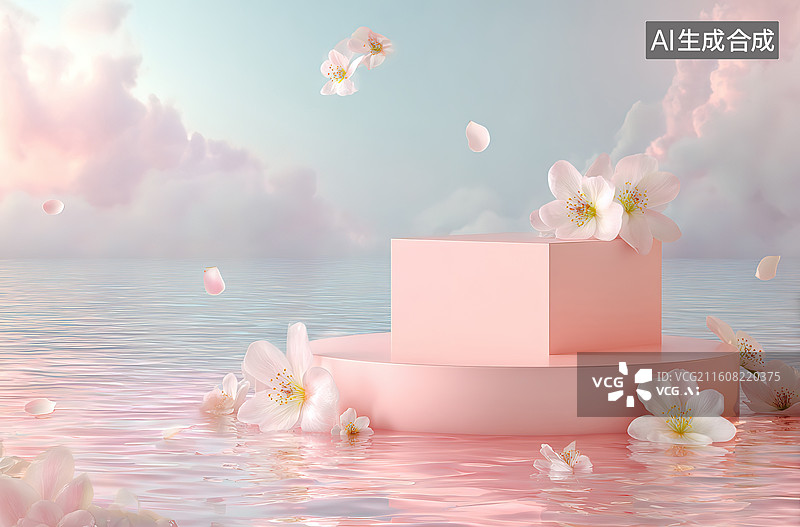 【AI数字艺术】粉色浮台与飘落花瓣的梦幻场景图片素材