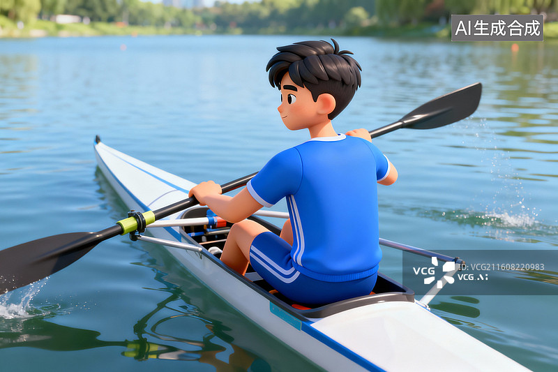 【AI数字艺术】男孩在湖面划单人艇图片素材