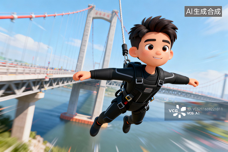 【AI数字艺术】男孩在桥梁附近跳伞图片素材
