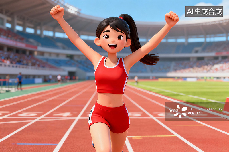 【AI数字艺术】跑道上庆祝胜利的女运动员图片素材