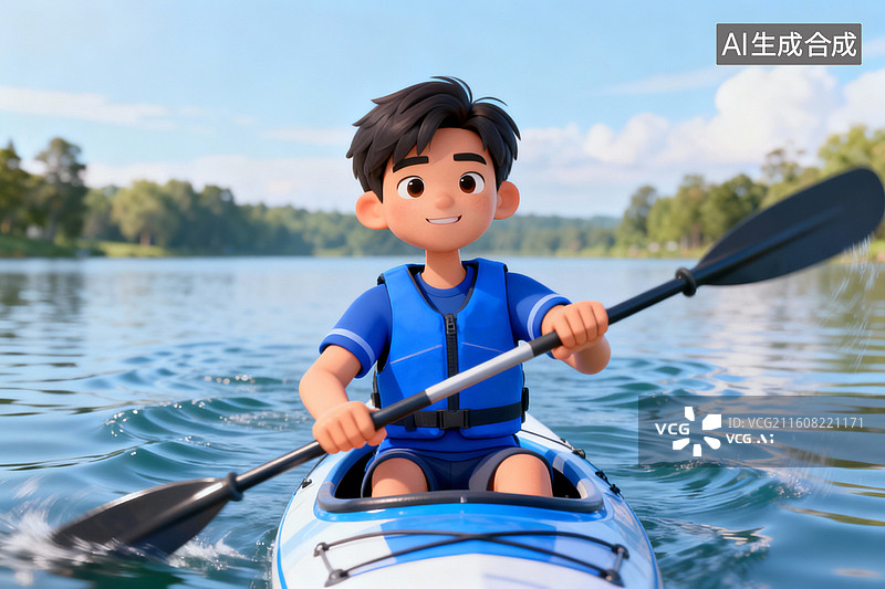 【AI数字艺术】男孩在湖面划皮划艇图片素材