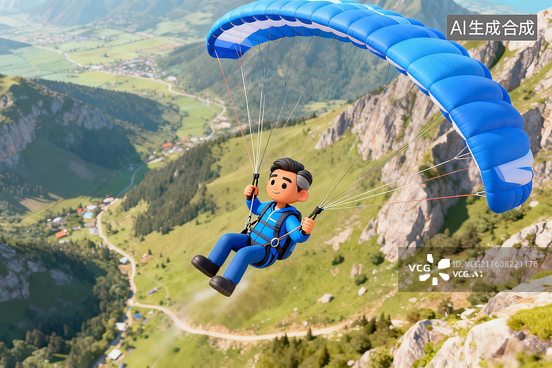 【AI数字艺术】山间滑翔伞运动场景图片素材