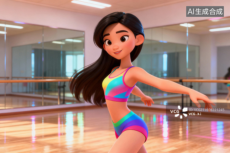 【AI数字艺术】一位身着彩色运动装的女子在舞蹈室跳舞图片素材