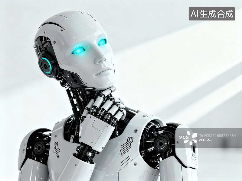 【AI数字艺术】白色人形机器人思考姿态图片素材