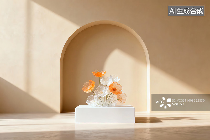 【AI数字艺术】拱形墙前的花艺摆件图片素材