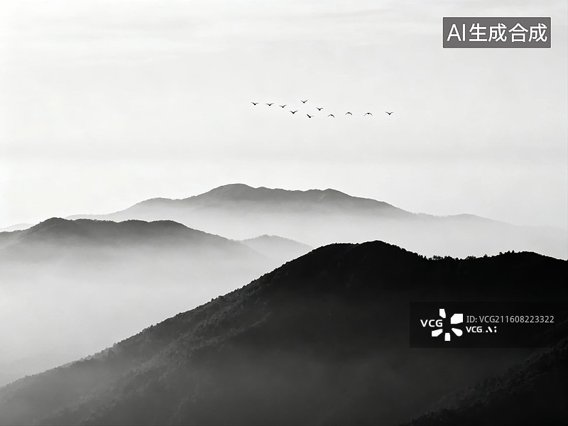 【AI数字艺术】雾中山峦与飞鸟图片素材