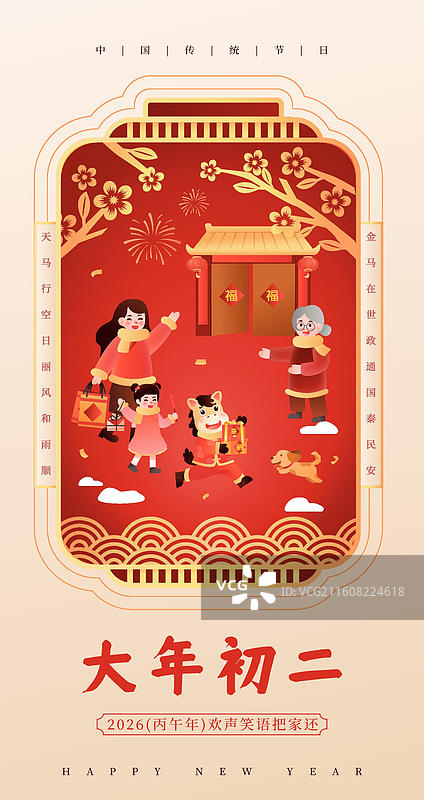 2026年马年春节年俗 正月初二 回娘家 插画海报图片素材