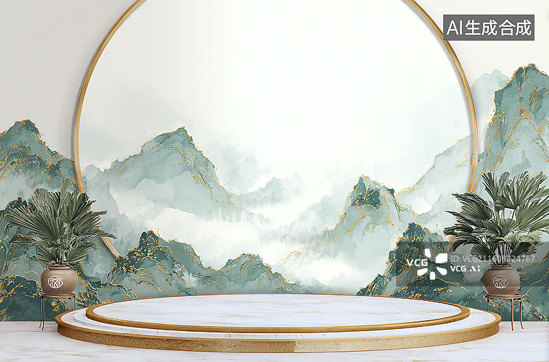 【AI数字艺术】山水背景圆形展台图片素材
