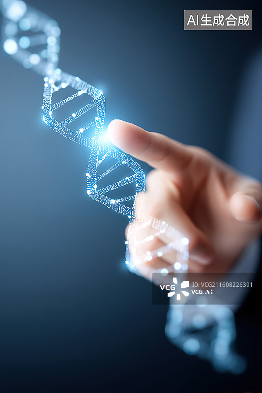【AI数字艺术】触摸发光基因全息图像的医生手部特写生物科技概念主题图片素材