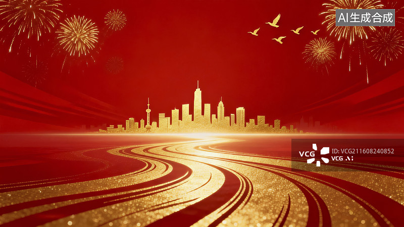 【AI数字艺术】红色背景上金箔质感的城市上空礼花绽放图片素材