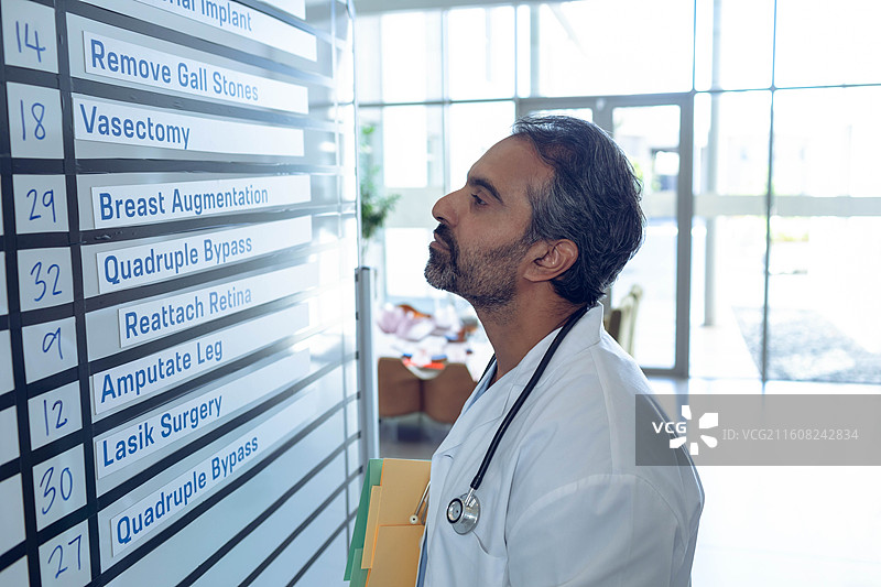 成熟的亚裔男性医生，戴着听诊器，拿着文件夹，在门口查看手术板图片素材