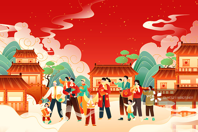 卡通冬季新年春节马年生肖元旦小年除夕年货节红包消费电商家人团圆古建筑背景古风中国风国潮渐变矢量插画图片素材