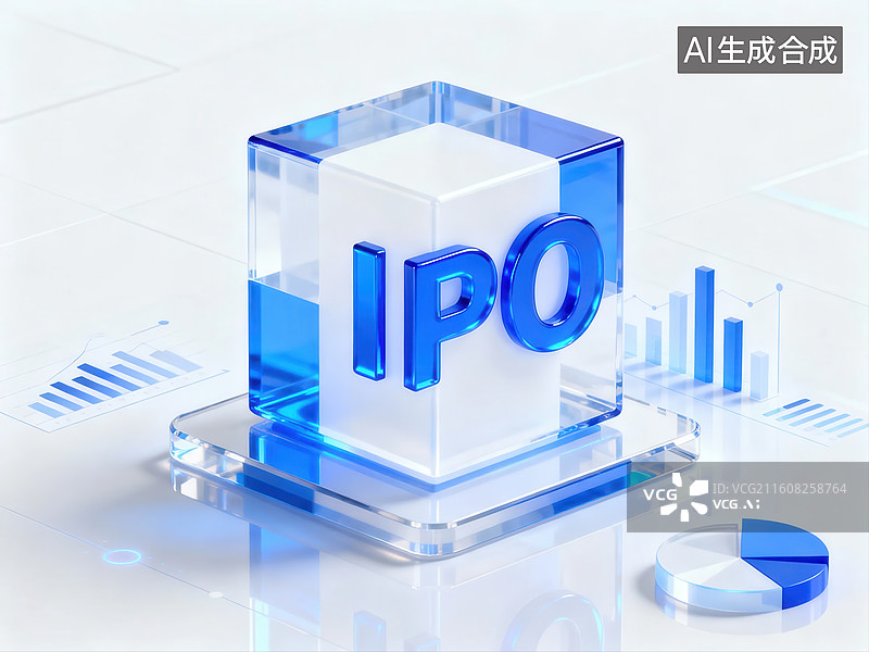 【AI数字艺术】IPO透明立方体与数据图表图片素材