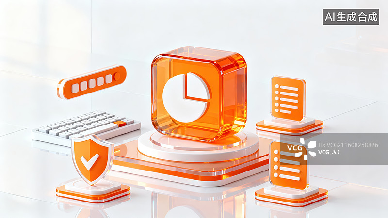 【AI数字艺术】橙色立方体时钟与科技元素组合图片素材