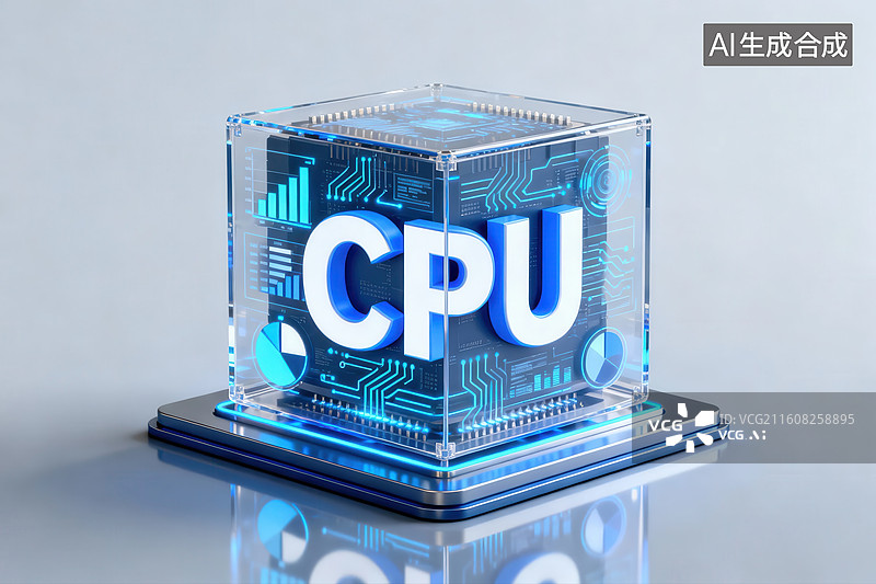 【AI数字艺术】透明立方体中的CPU芯片图片素材