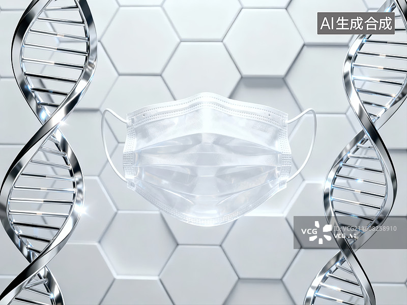 【AI数字艺术】DNA双螺旋与口罩的科技构图图片素材