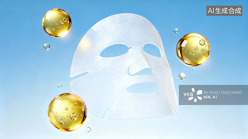 【AI数字艺术】面膜与金色精华球悬浮图片素材
