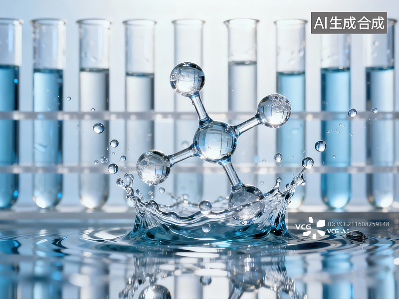 【AI数字艺术】水分子结构与实验试管图片素材