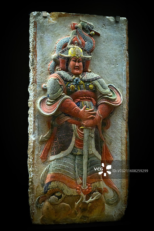 彩绘武士浮雕，五代，曲阳王处直墓出土，展出于国家博物馆《惠世天工——河北曲阳石雕艺术展》图片素材