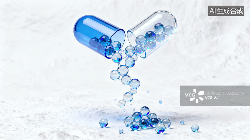 【AI数字艺术】蓝色药丸从胶囊中倾泻而出图片素材