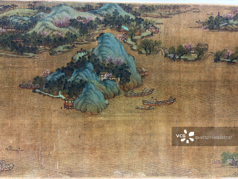 秋日之珍特展清李士达《西湖春晓》｜西湖十景青绿山水手卷（书法题诗／鉴藏印）｜清代书画研究图片素材