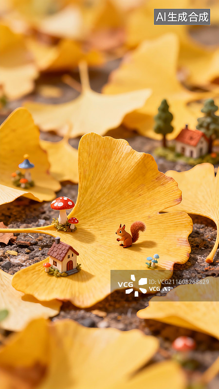 【AI数字艺术】银杏叶上的童话故事图片素材