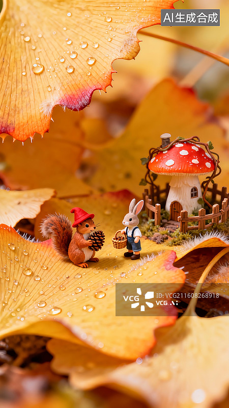 【AI数字艺术】银杏叶上的童话故事图片素材