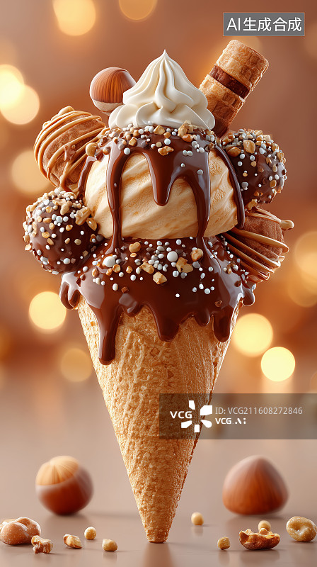 【AI数字艺术】巧克力坚果冰淇淋甜筒图片素材