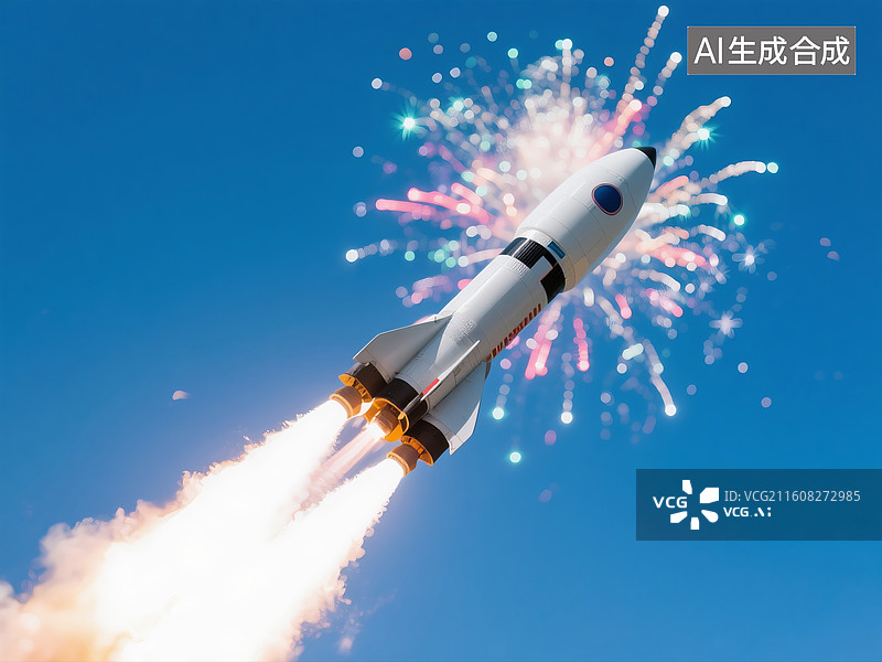 【AI数字艺术】火箭发射时喷出色彩的焰火图片素材