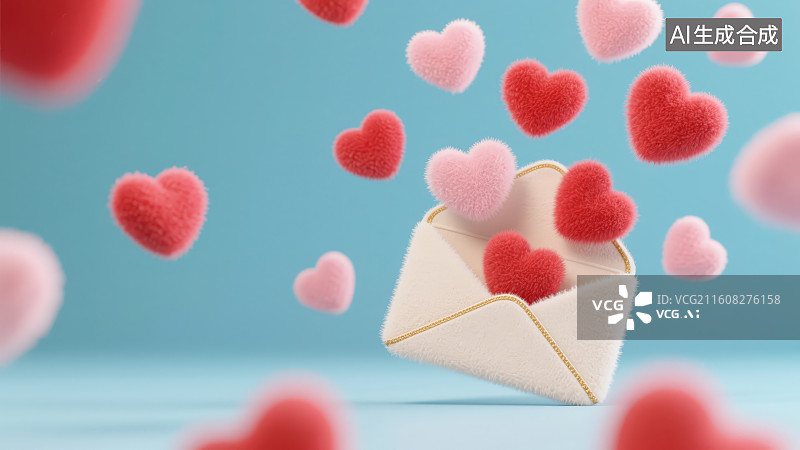 【AI数字艺术】纯色背景下一个毛绒爱心信封周边悬浮着许多粉色红色毛绒爱心，情人节七夕节告白浪漫节日氛围背景图片素材